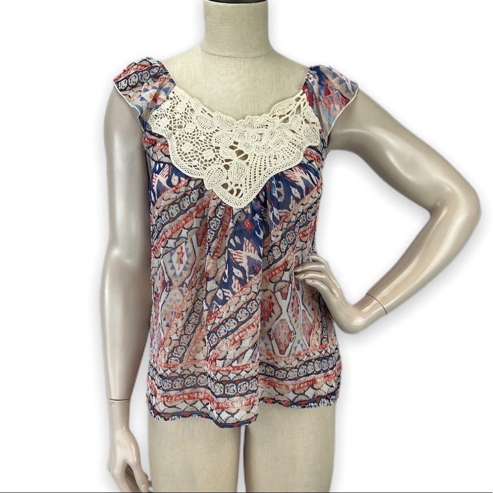 Delia’s Crochet Tribal Semi Sheer Flutter Sleeve Top Blouse Small S